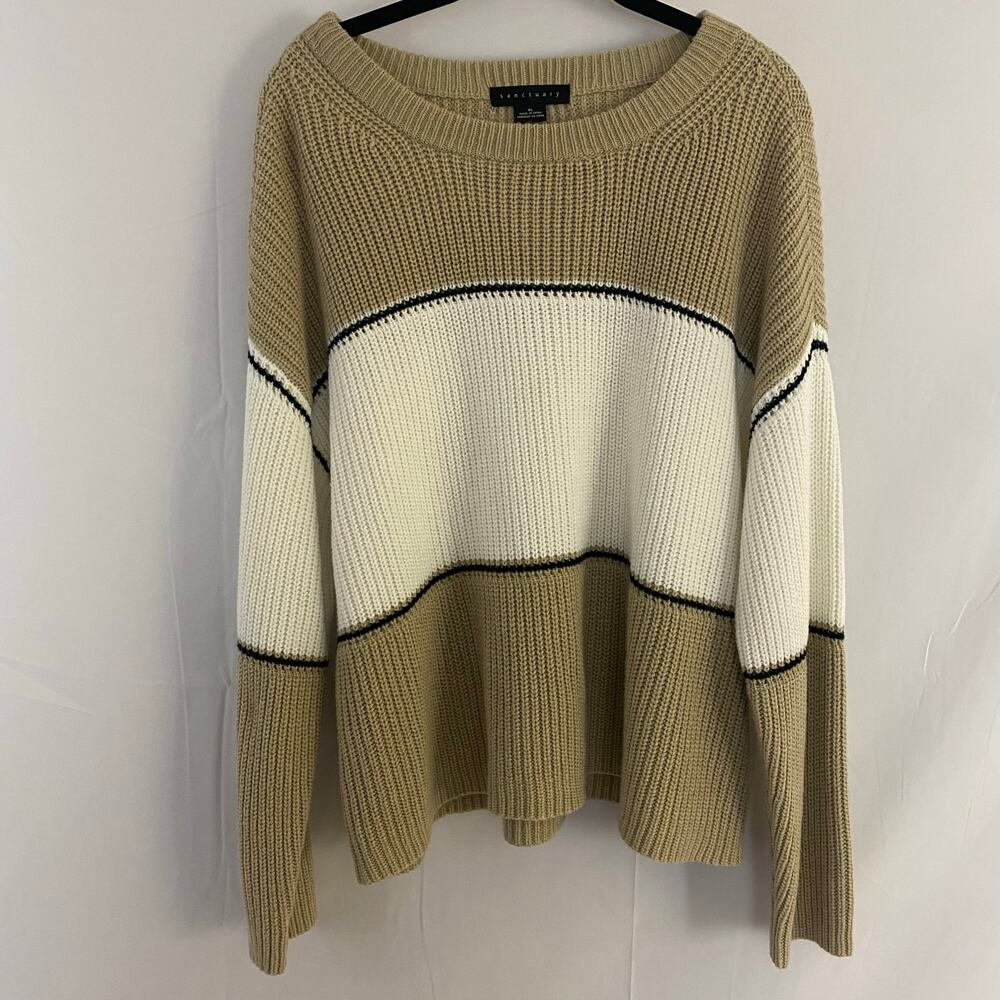 Sanctuary Colorblock Oversized Knit Sweater XL Beige White Boho Chic